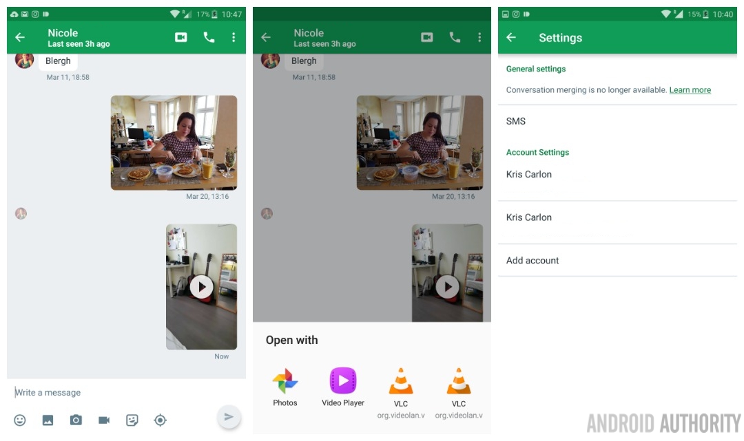 Hangouts video messaging SMS