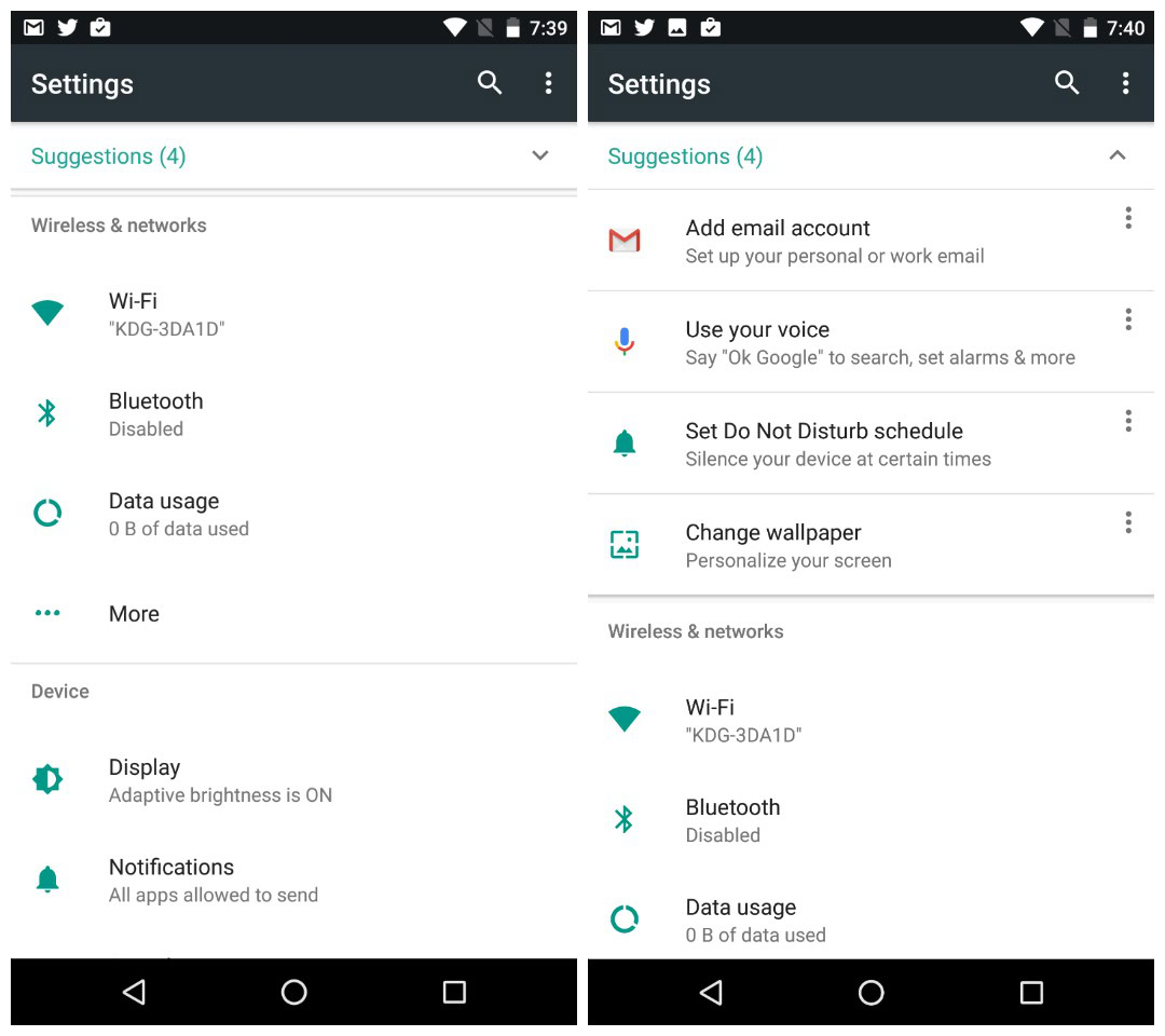 Android 7.0 Nougat review - Settings menu Sugegstions
