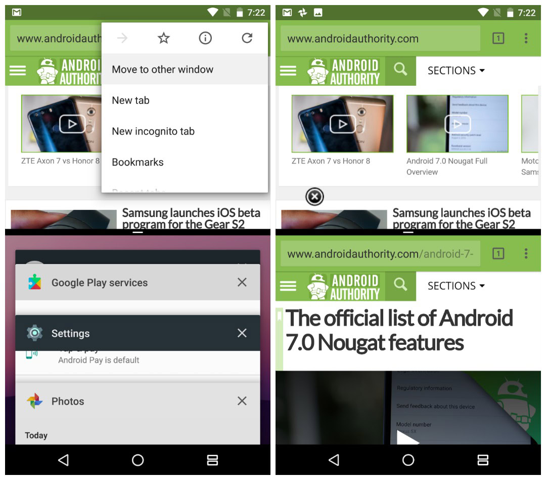 Android 7.0 Nougat review - split-screen mode Chrome windows