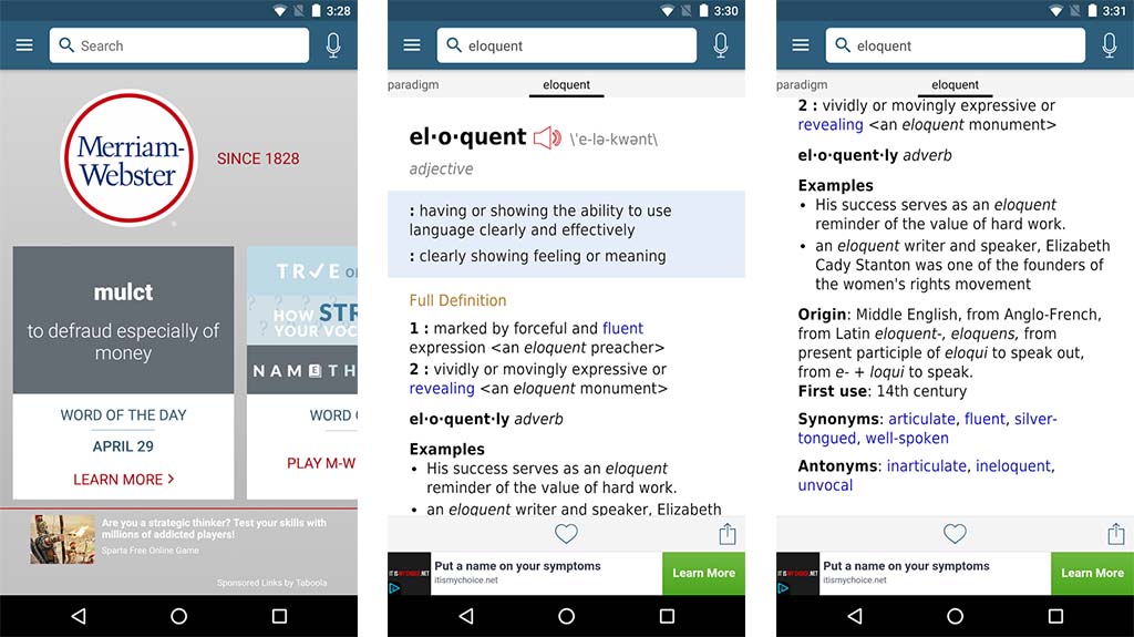 This is the merriam webster dictionary screenshot for the best fact apps for android