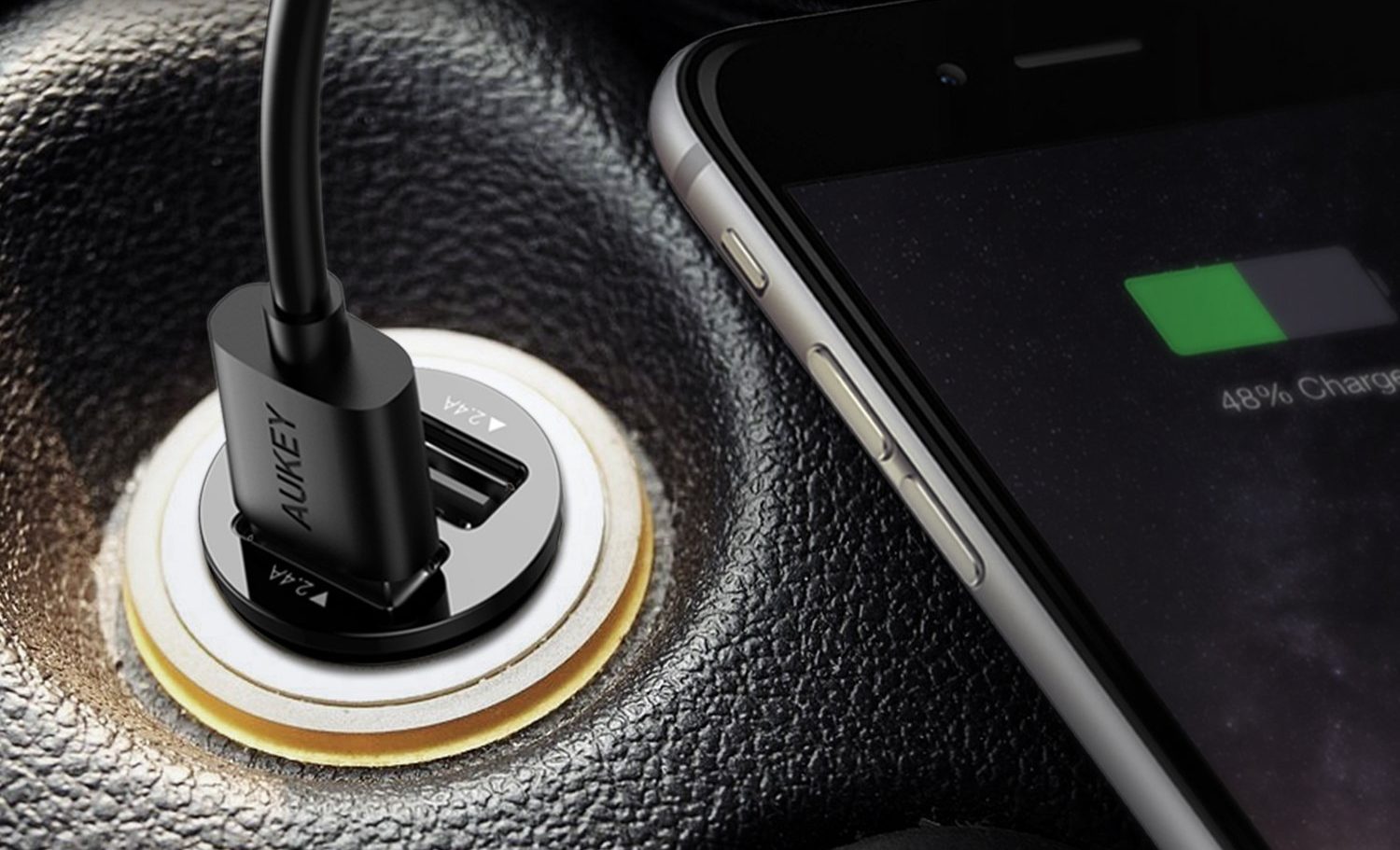 Aukey car charger connected to an iPhone