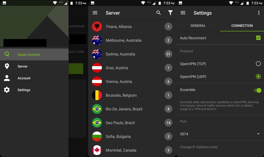 IPVanish android app settings screen servers