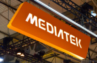 The MediaTek logo as seen at Mobile World Congress 2018.