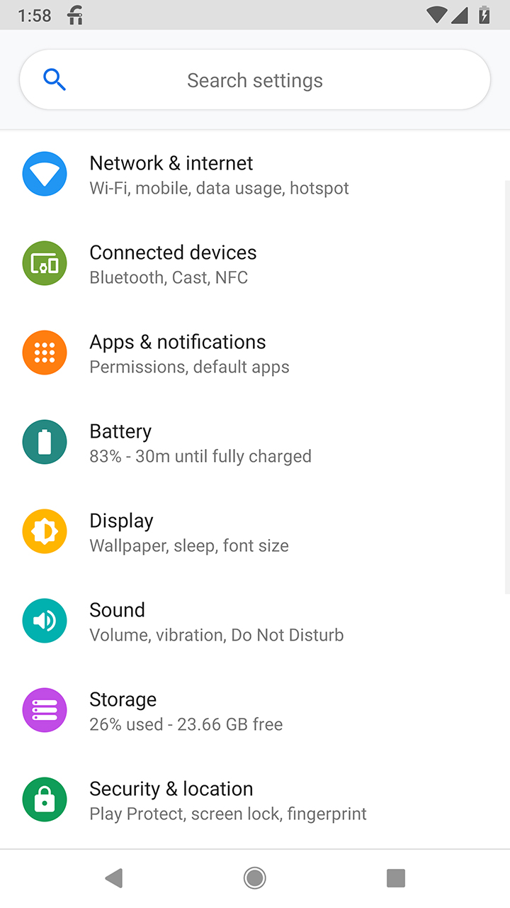 Android P settings menu 1