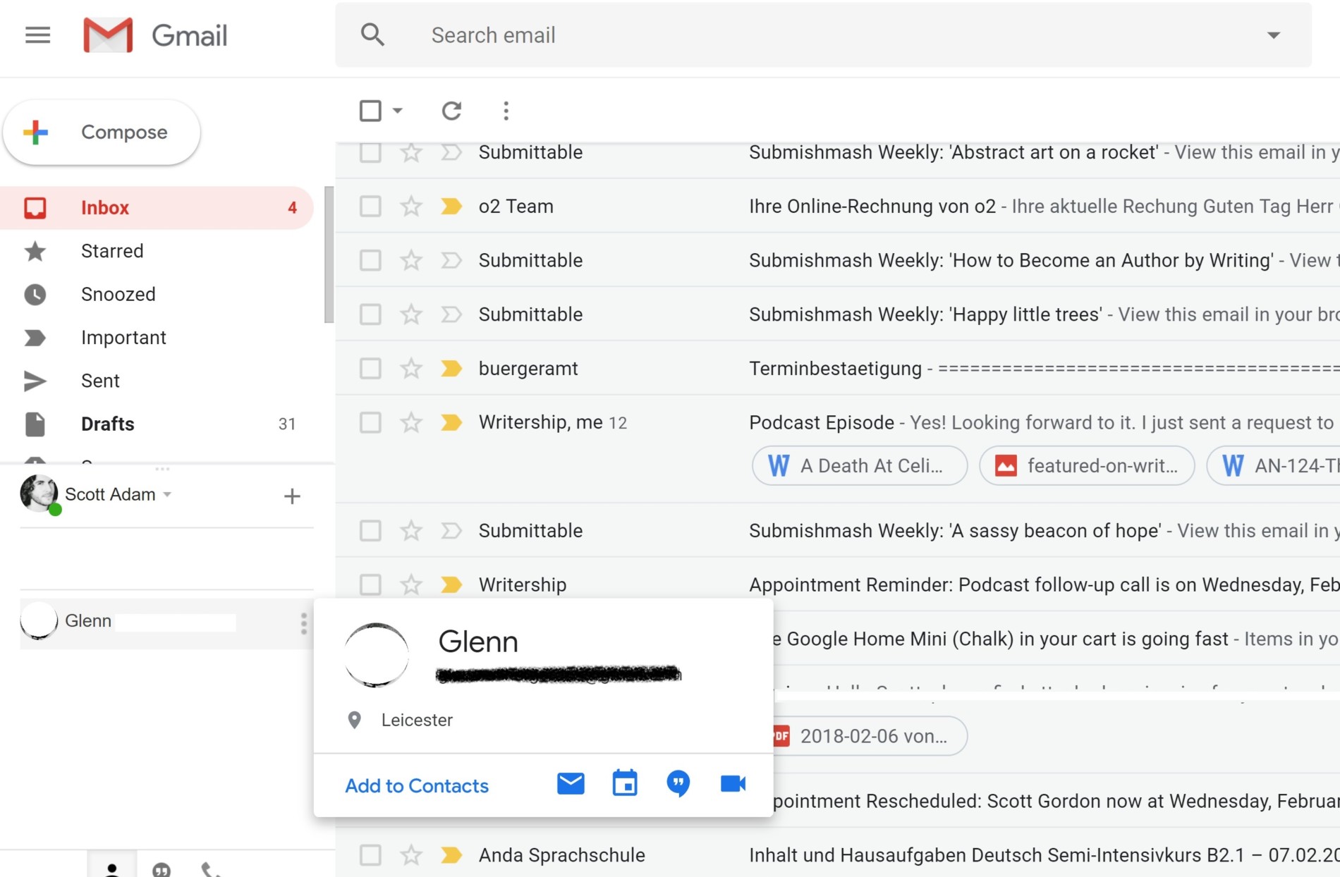new gmail inbox chat hover button action