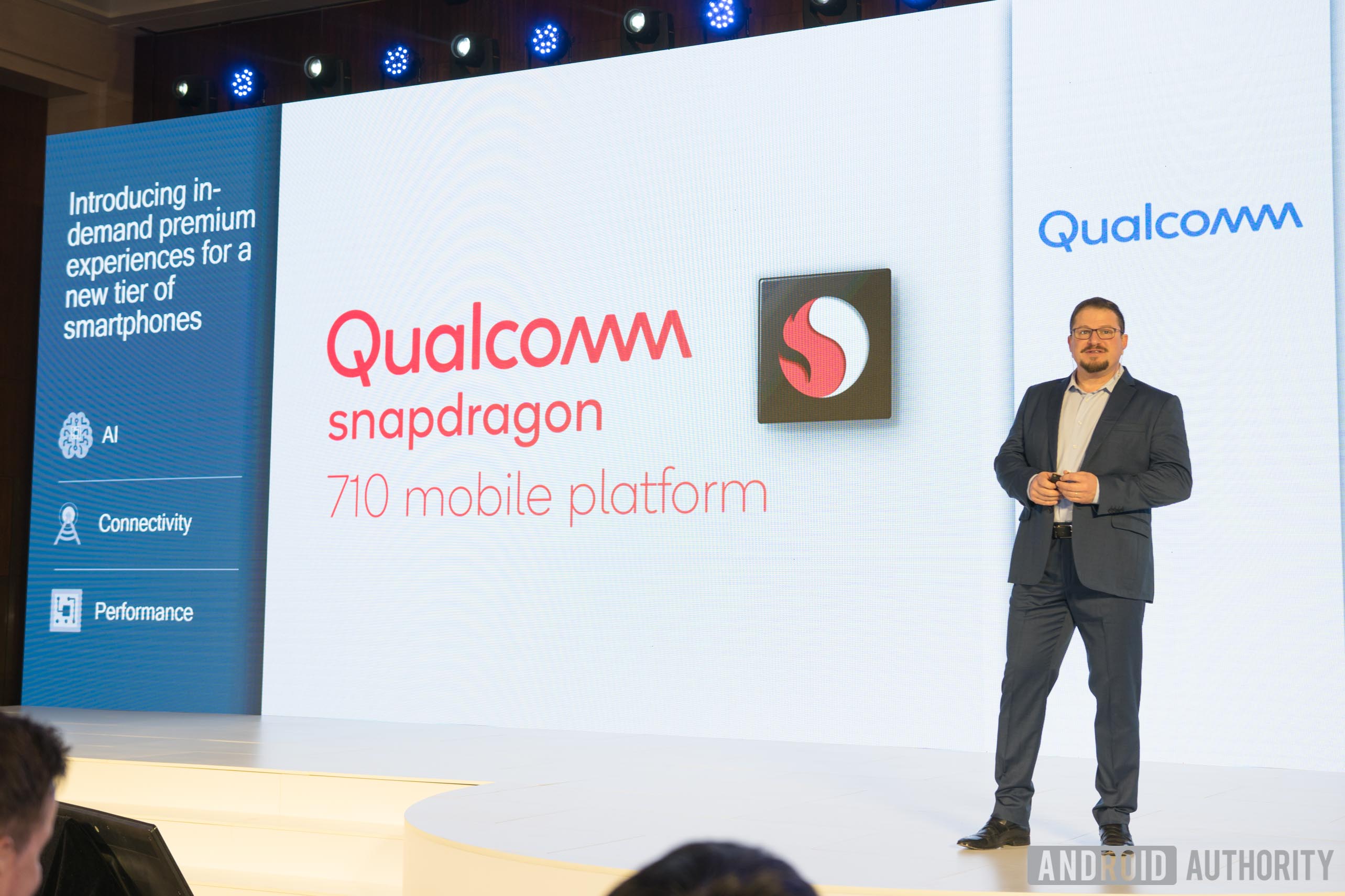 Qualcomm President Cristiano Amon announces the Snapdragon 710 mobile platform