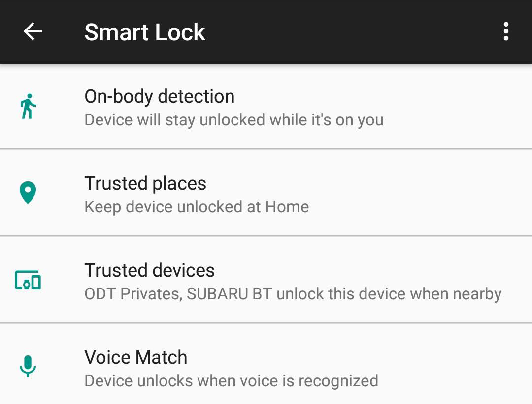 A screenshot of the Smart Lock settings page in Android.