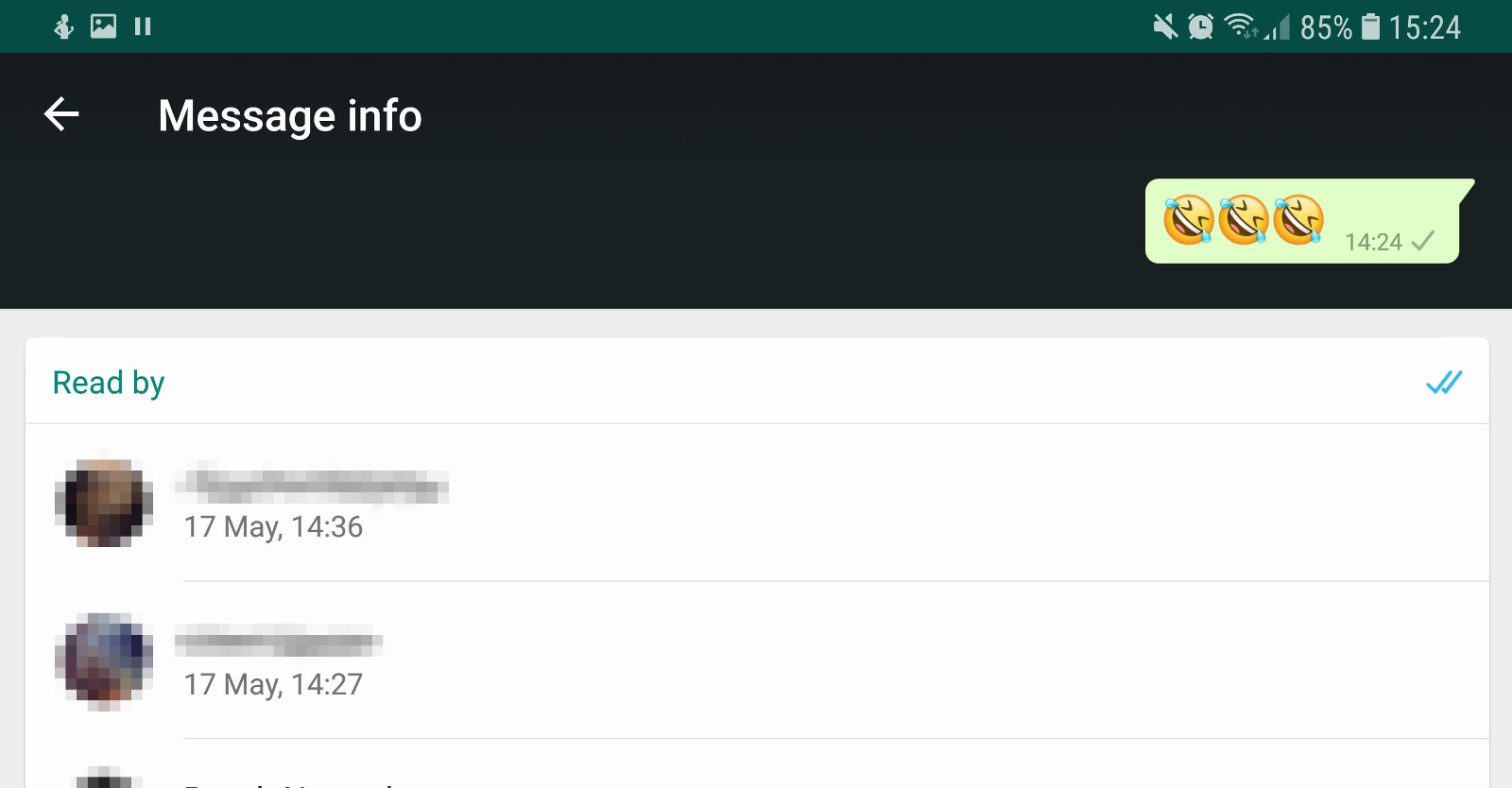 A menu in WhatsApp, showing who's read your message - whatsapp tricks