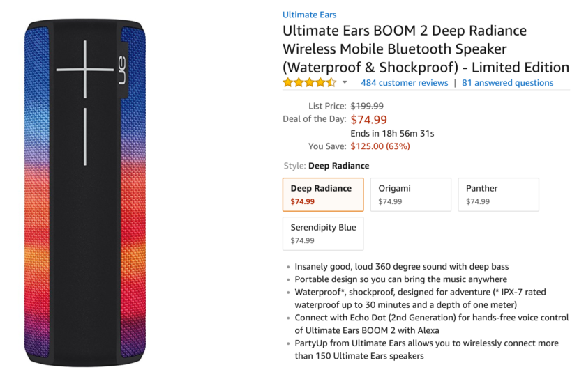 ultimate ears boom 2 bluetooth waterproof portable speaker