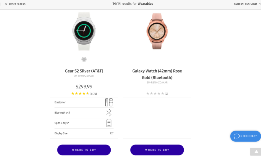 A screenshot of the official Samsung website with a leaked photo of the Samsung Galaxy Watch.