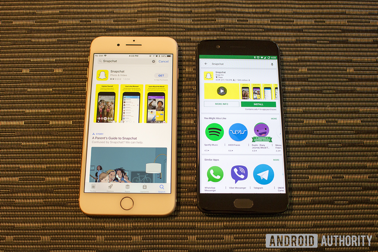The Snapchat listing as seen on the Apple App Store and the Google Play Store, side-by-side.