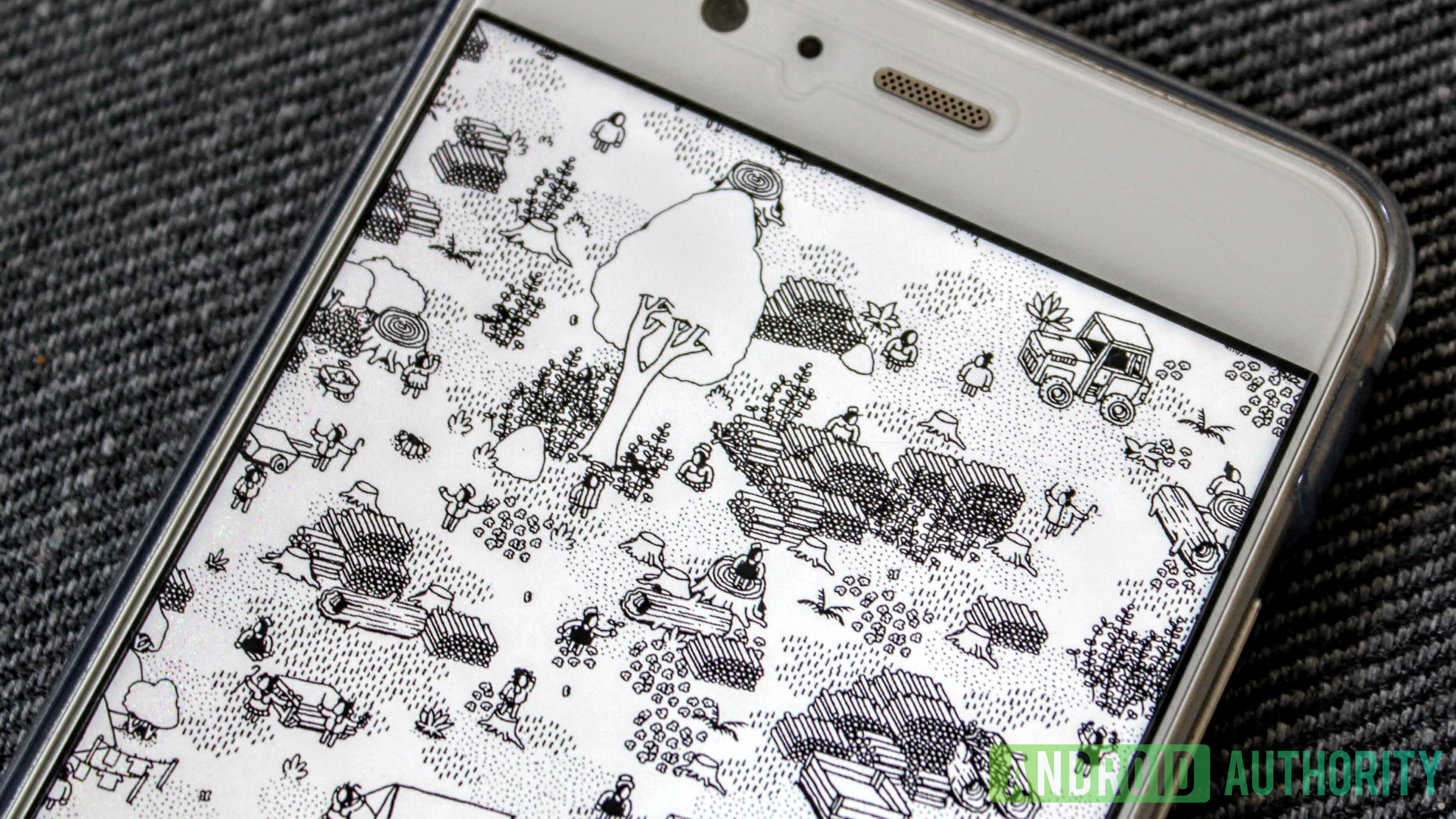A close-up screenshot from Hidden Folks showing the black and white illustrations.