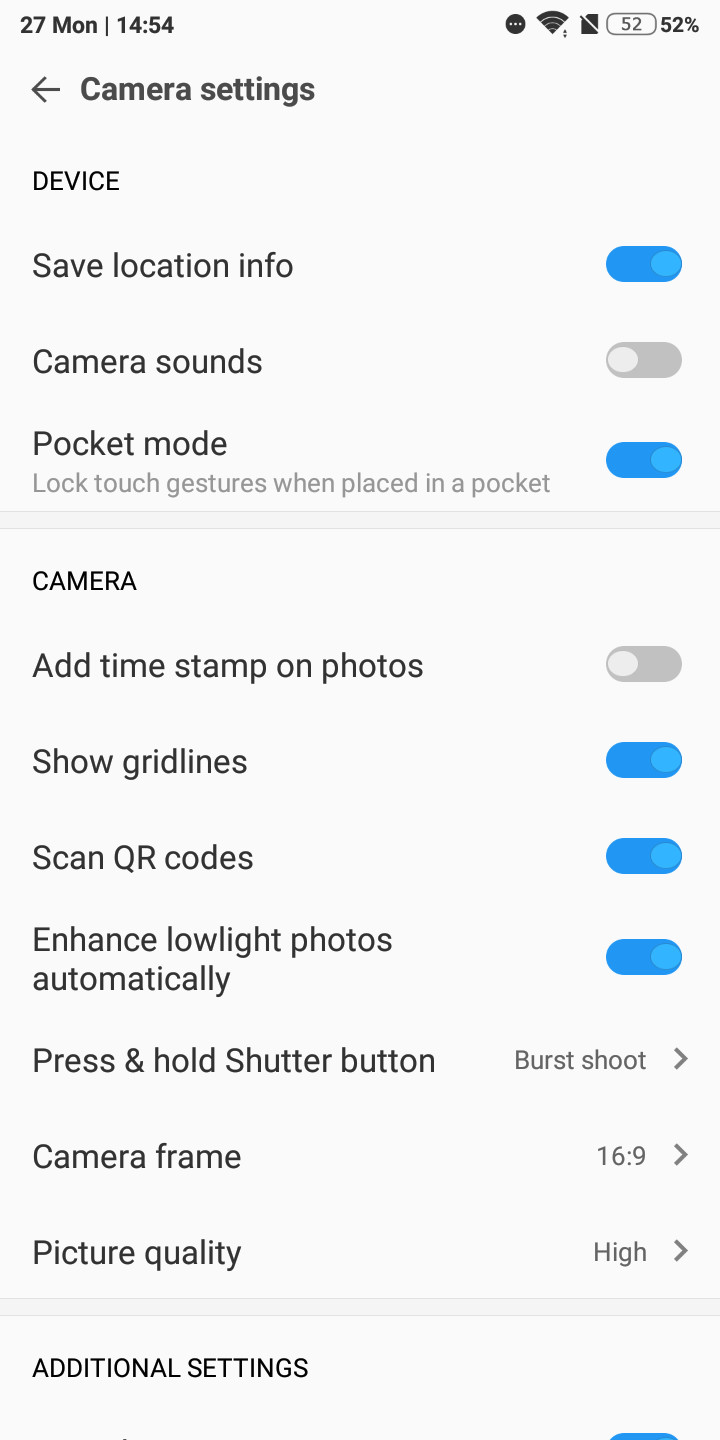 The settings menu in the Xiaomi Camera app.