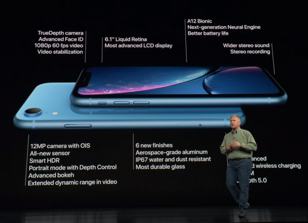 An image of the Apple iPhone XR in blue with some relevant specs highlighted.