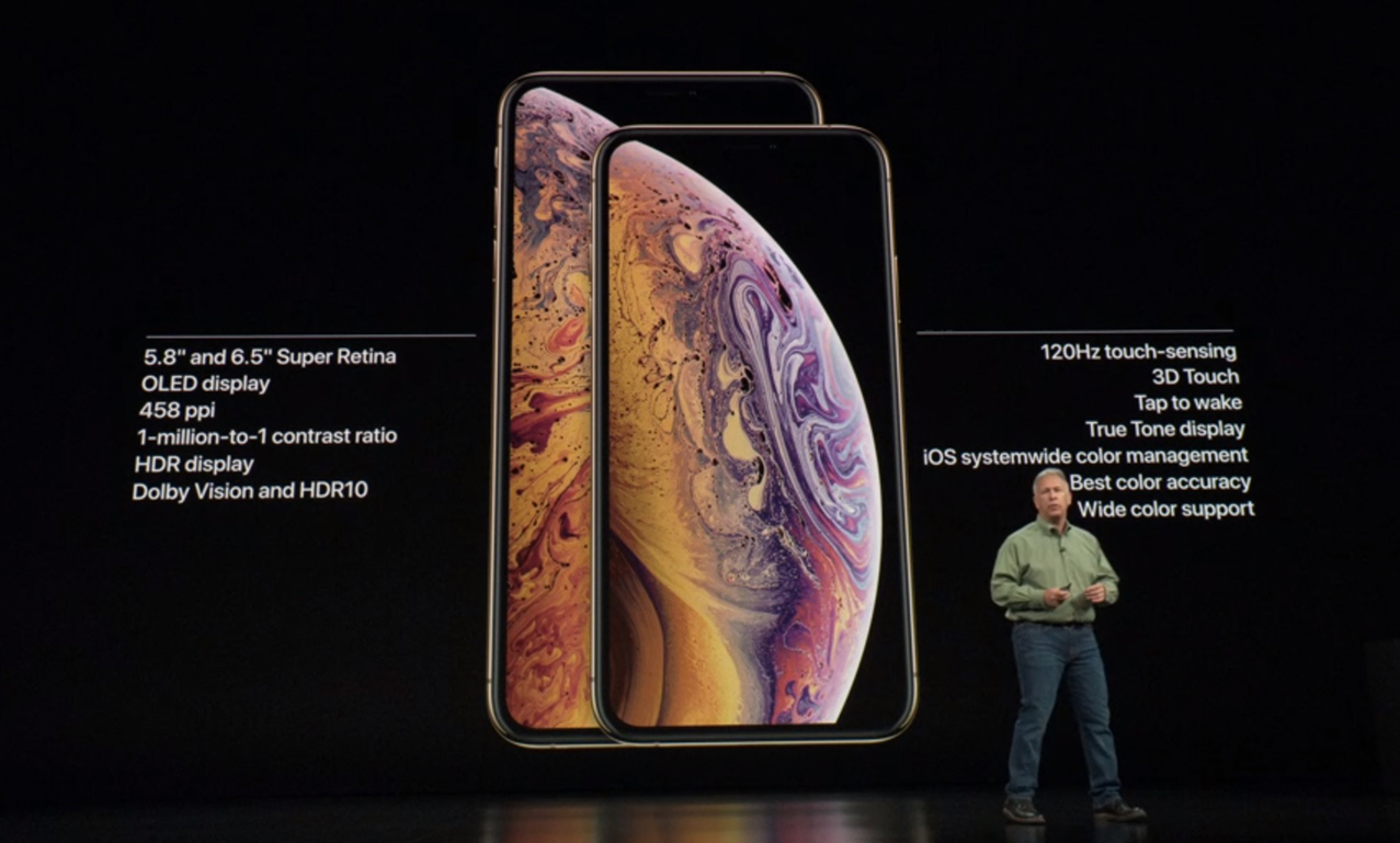 The iPhone XS and iPhone XS Max as seen on stage during the Apple Event 2018.