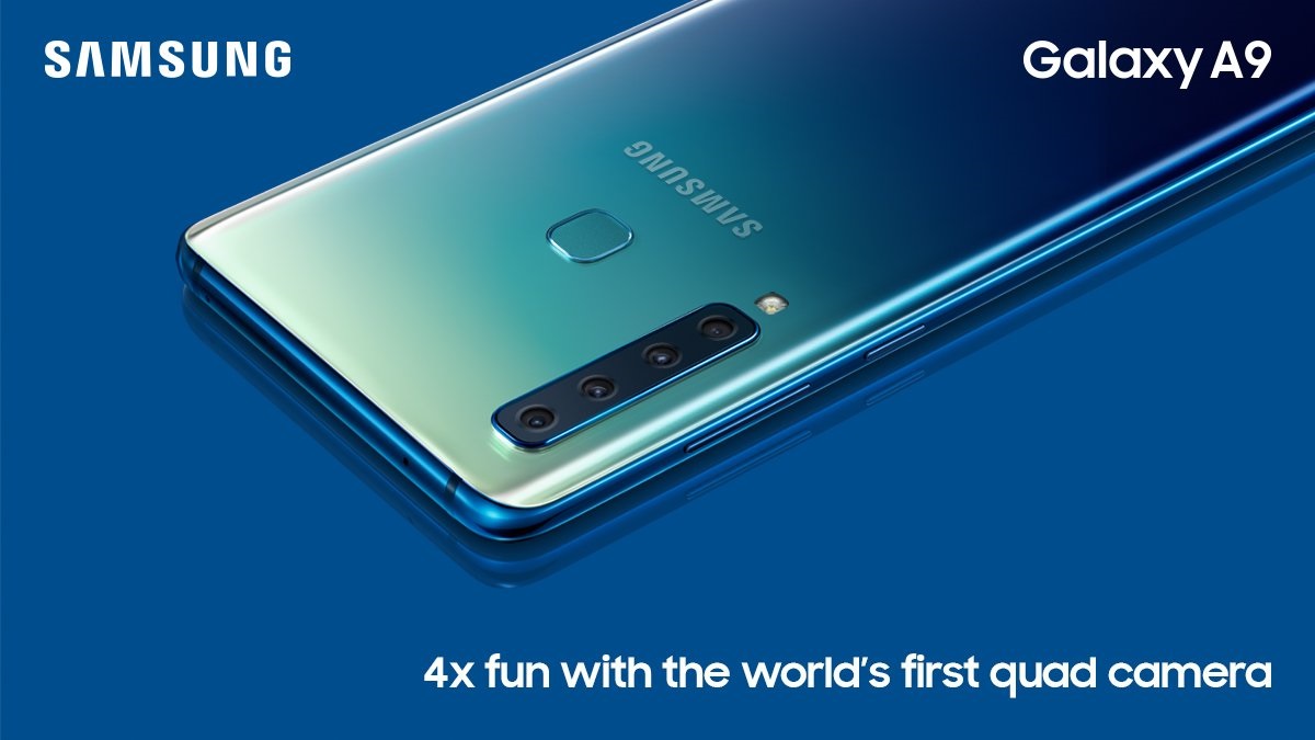 The Samsung Galaxy A9 (2018) image render on a blue background.