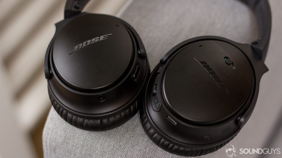 Image of Bose QuietComfort 35 II on a gray sofa armrest.