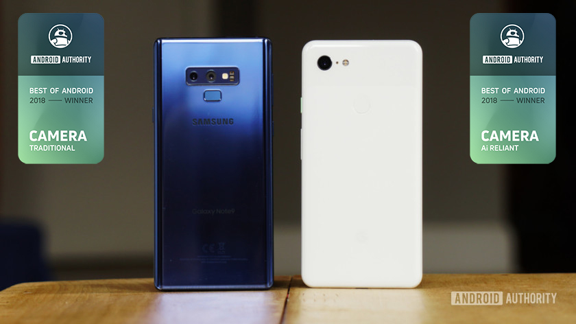 A photo of the Samsung Galaxy Note 9 and the Google Pixel 3 XL alongside the Best of Android 2018 awards for camera performance.