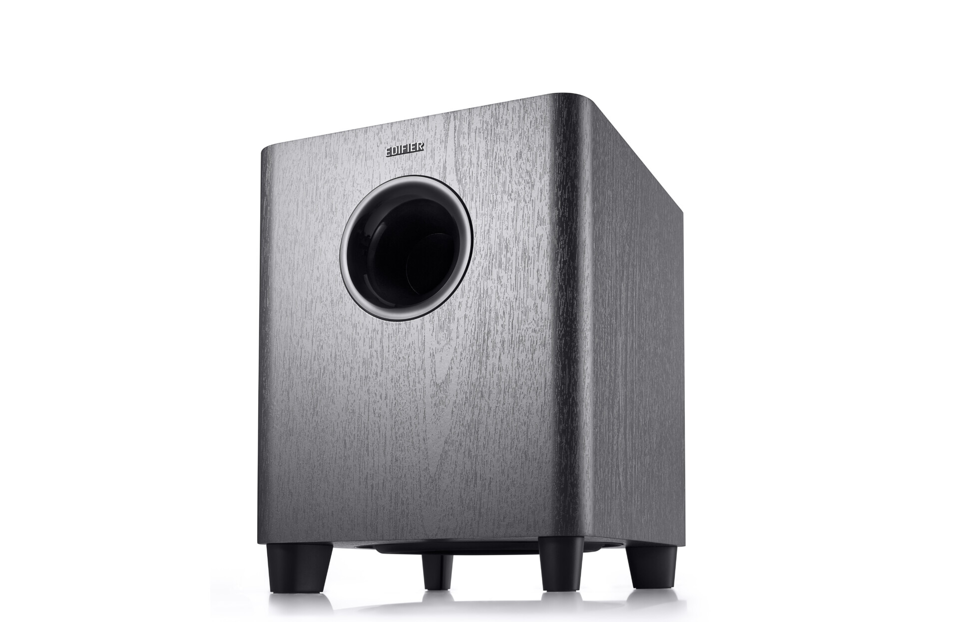 Product image of the Edifier B8 subwoofer in silver on white background.