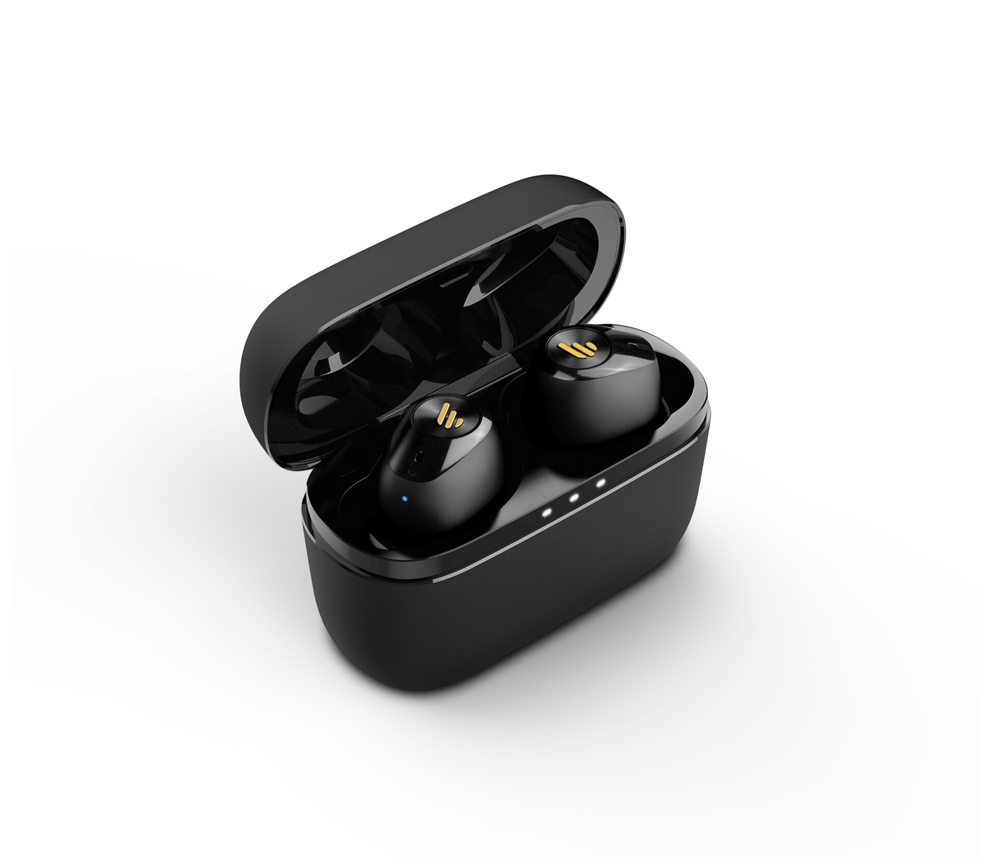 Edifier TWS2 in black product image with both earbuds resting in the charging case.