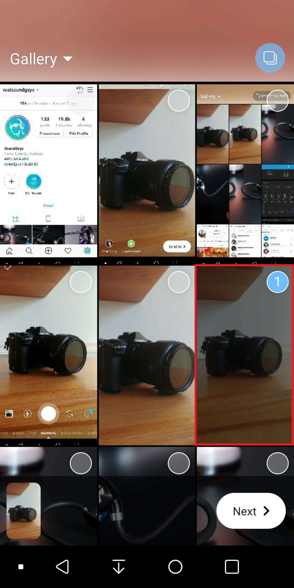 Instagram story of gallery pulled up with single image selected. - Tips & Tricks for Instagram