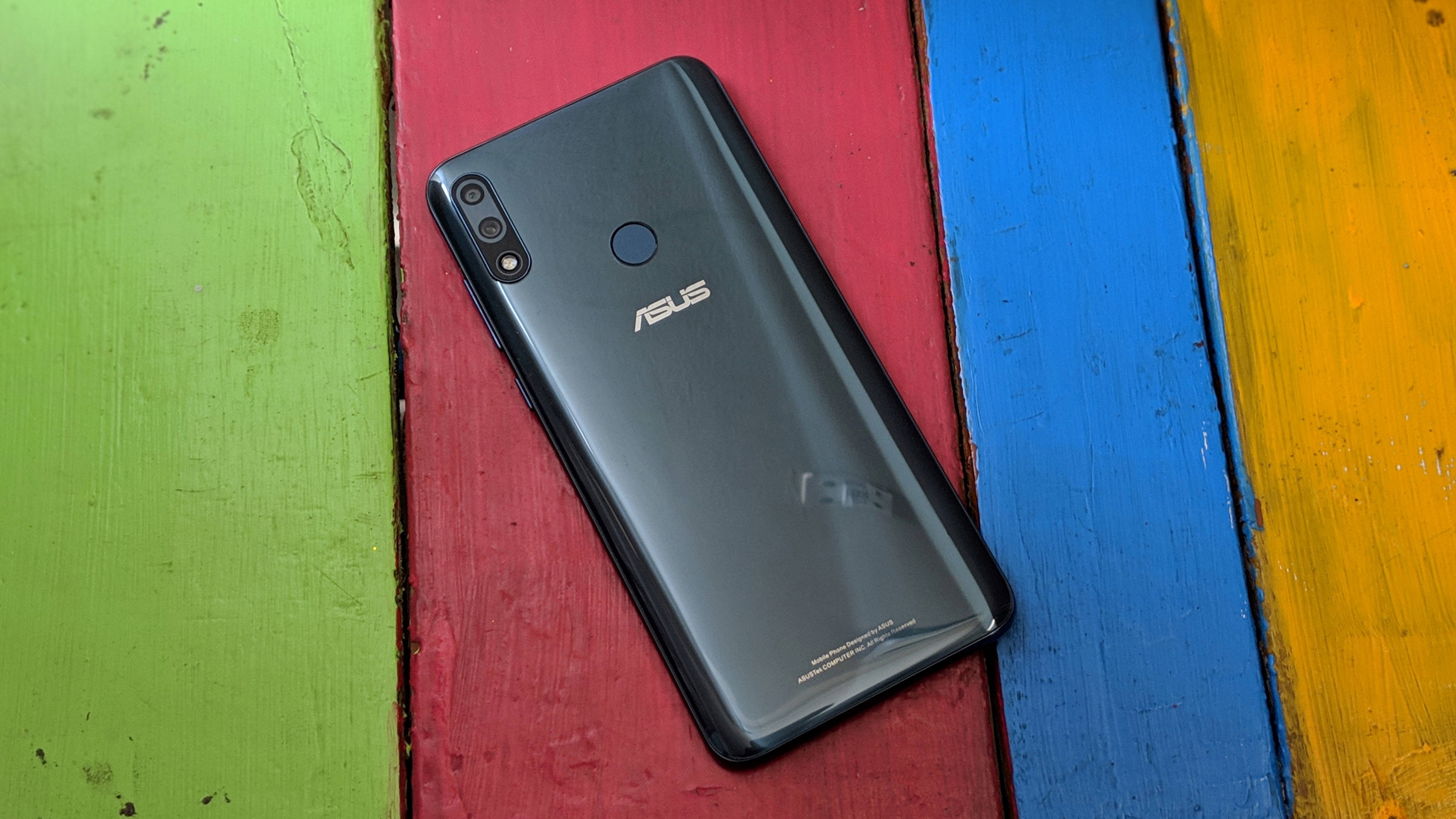 Asus Zenfone Max Pro M2 back side on a colorful background.