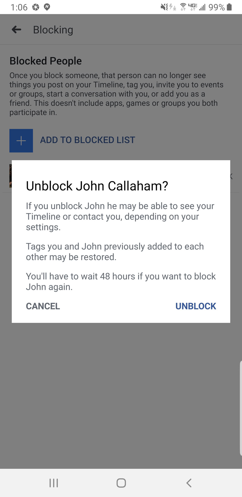 Facebook unblock popup