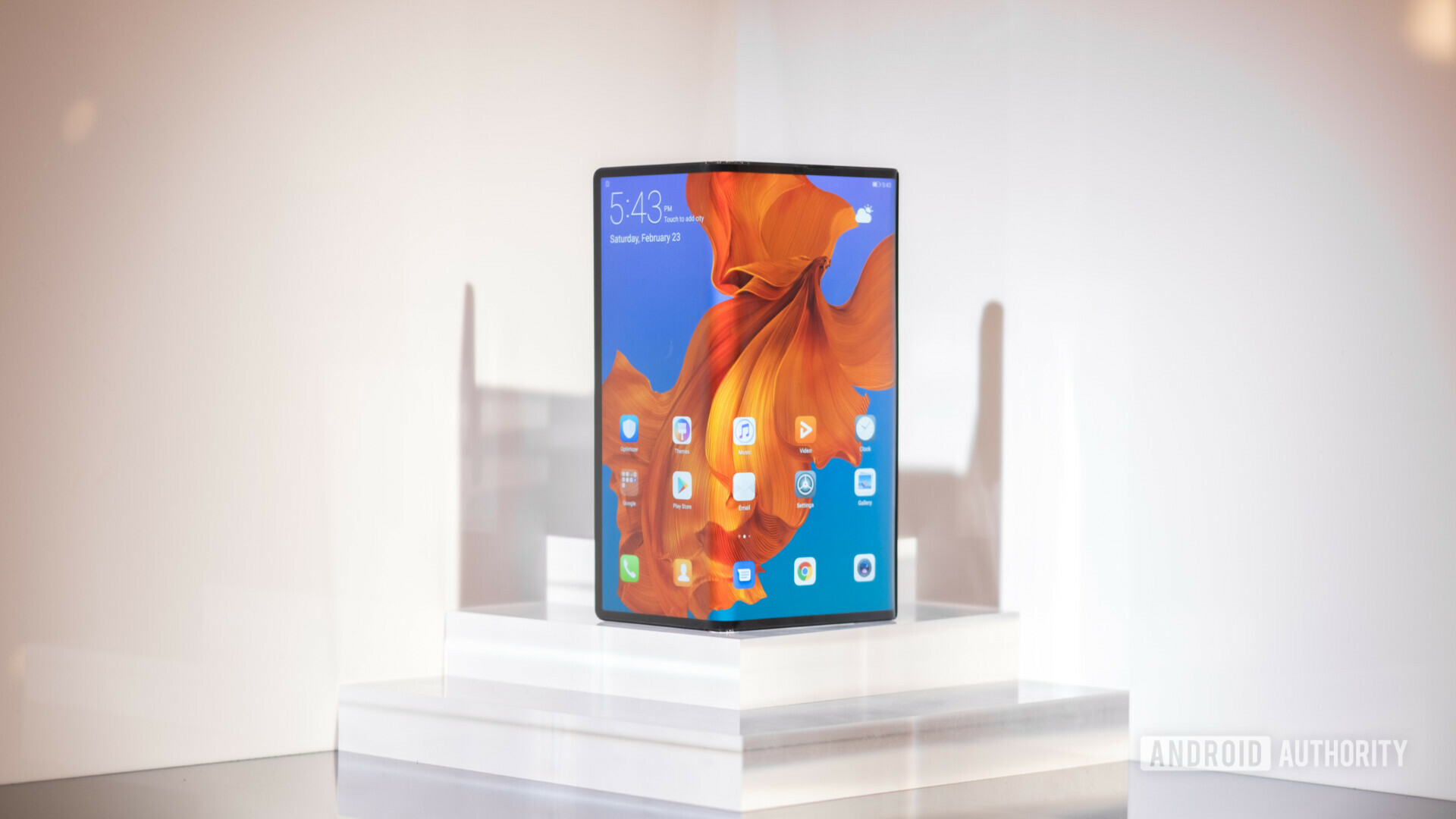 Huawei's new foldable phone the Mate X showcased on a white background at MWC 2019
