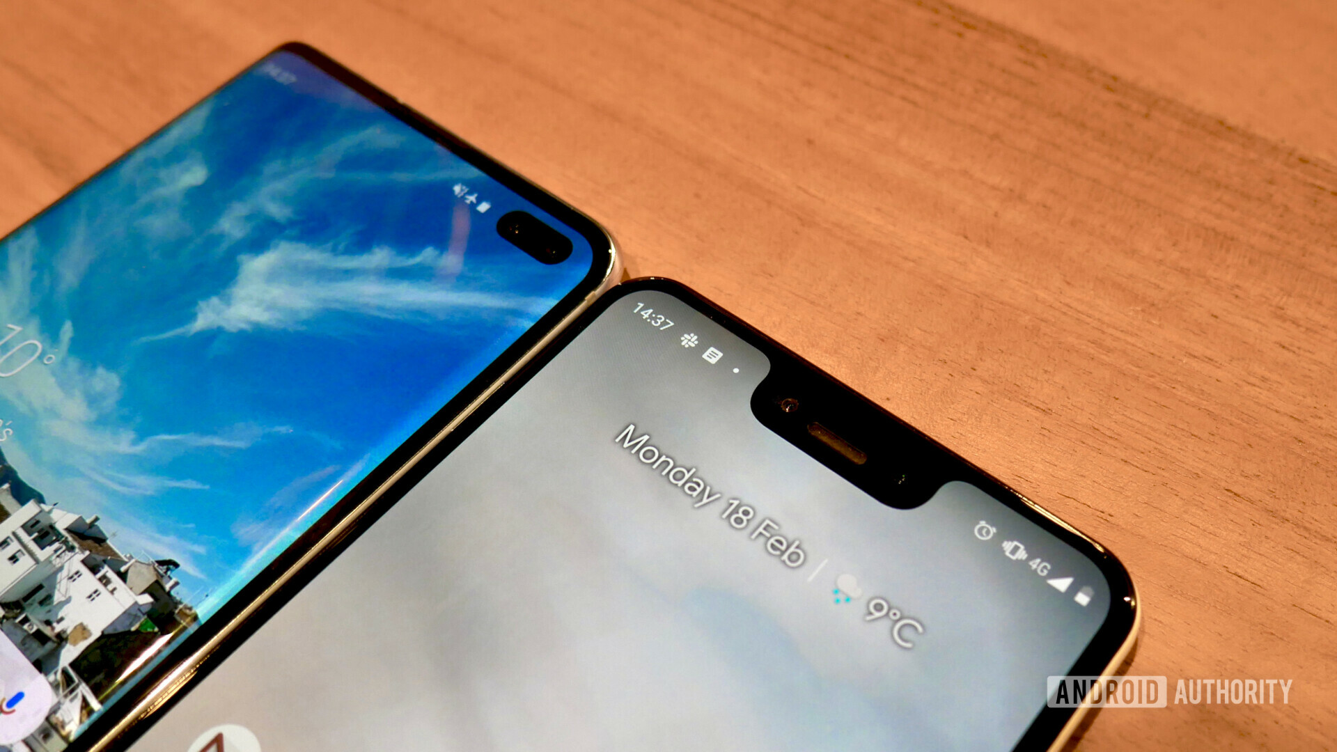 Samsung Galaxy S10 Plus with a punch hole next to a Google Pixel 3 XL with notch 