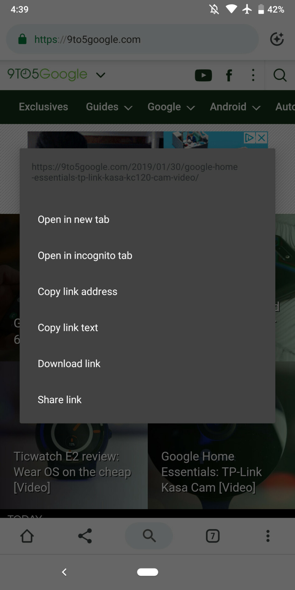 Dark mode in Chrome for Android.