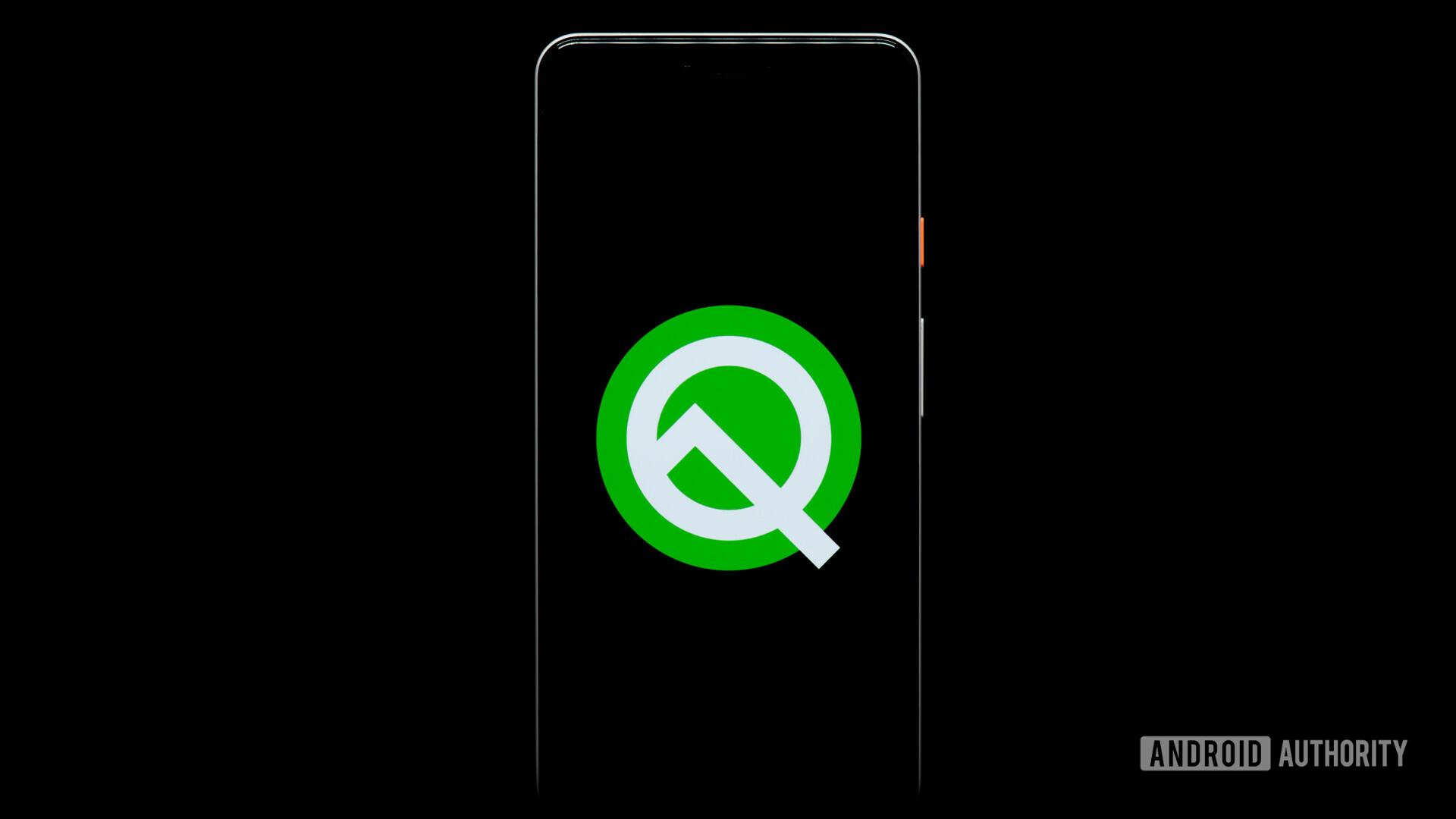 Android Q logo on a smartphone.