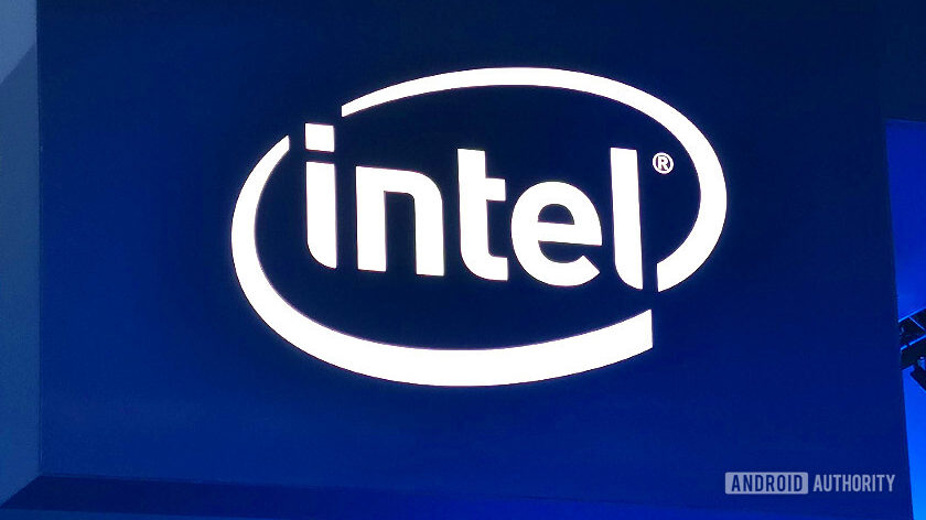 Logo du stand Intel sur l'enseigne au MWC 2019