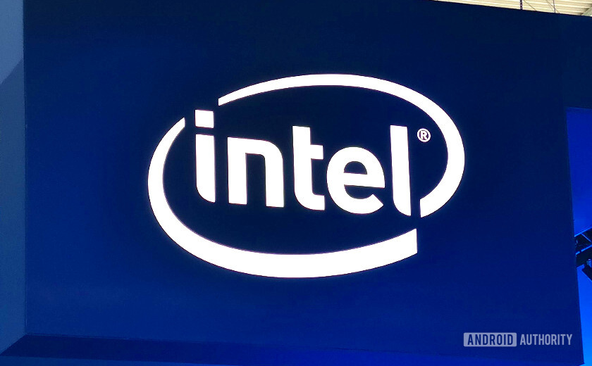 Intel booth logo on sign at MWC 2019