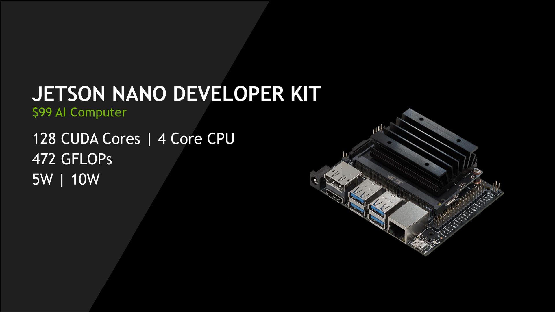 Promo photo of the new Nvidia Jetson Nano alongside the specs and price info.