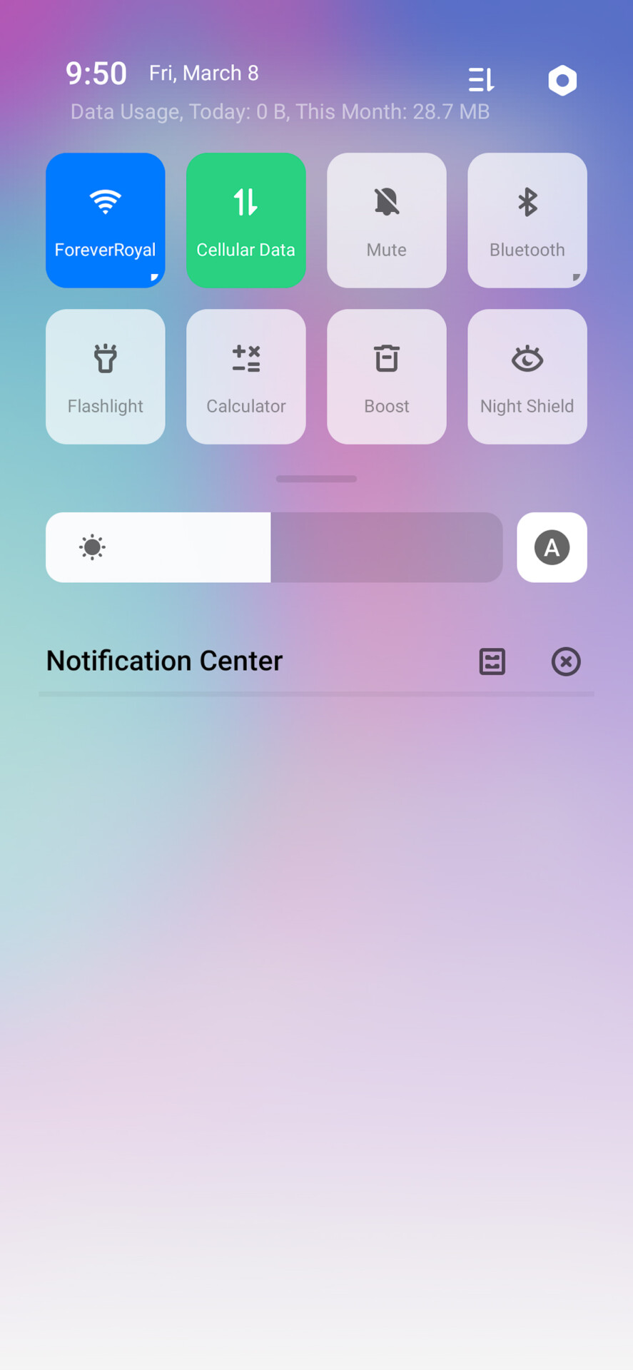 Screenshot of the Oppo F11 Pro default quick settings.