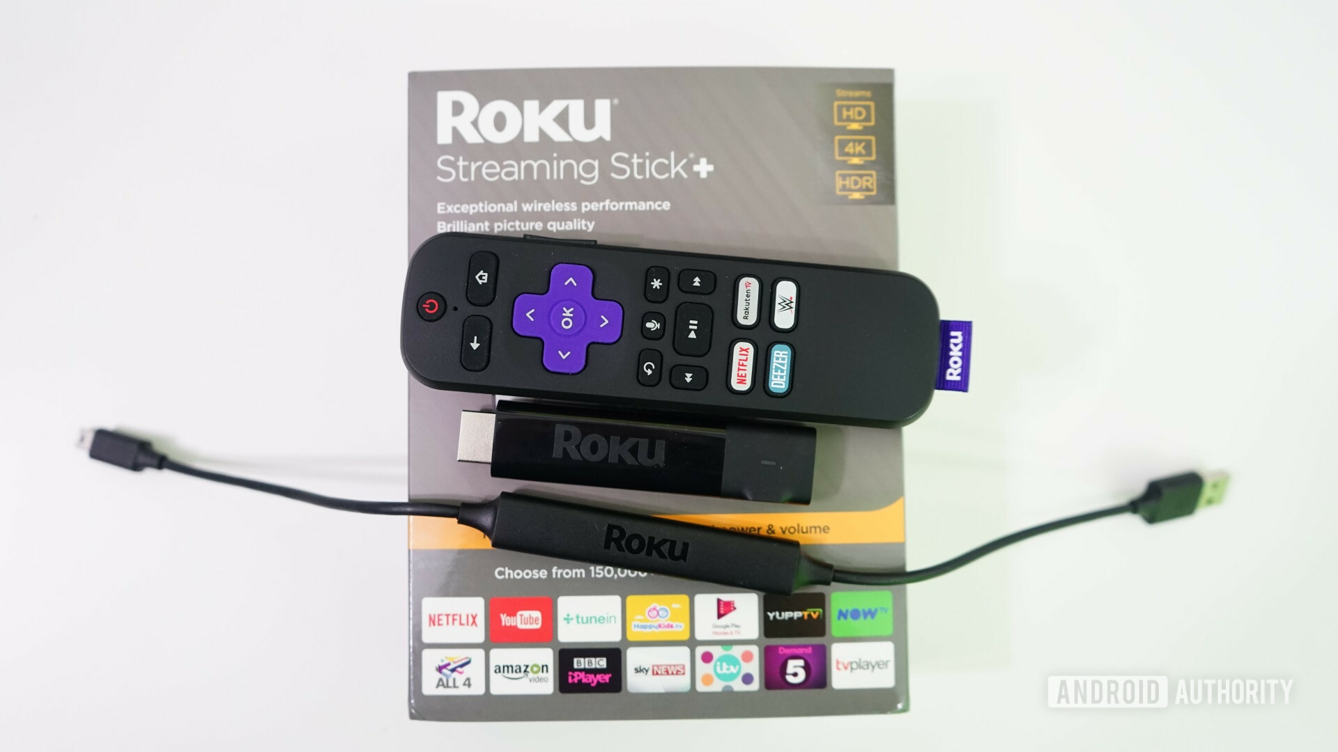 Top view of the content of the box of Roku Streaming Stick Plus.
