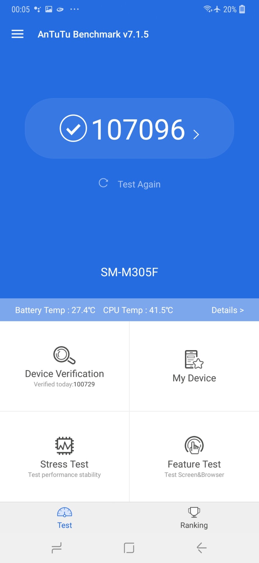 Screenshot of the Samsung Galaxy M30 AnTuTu benchmark results.