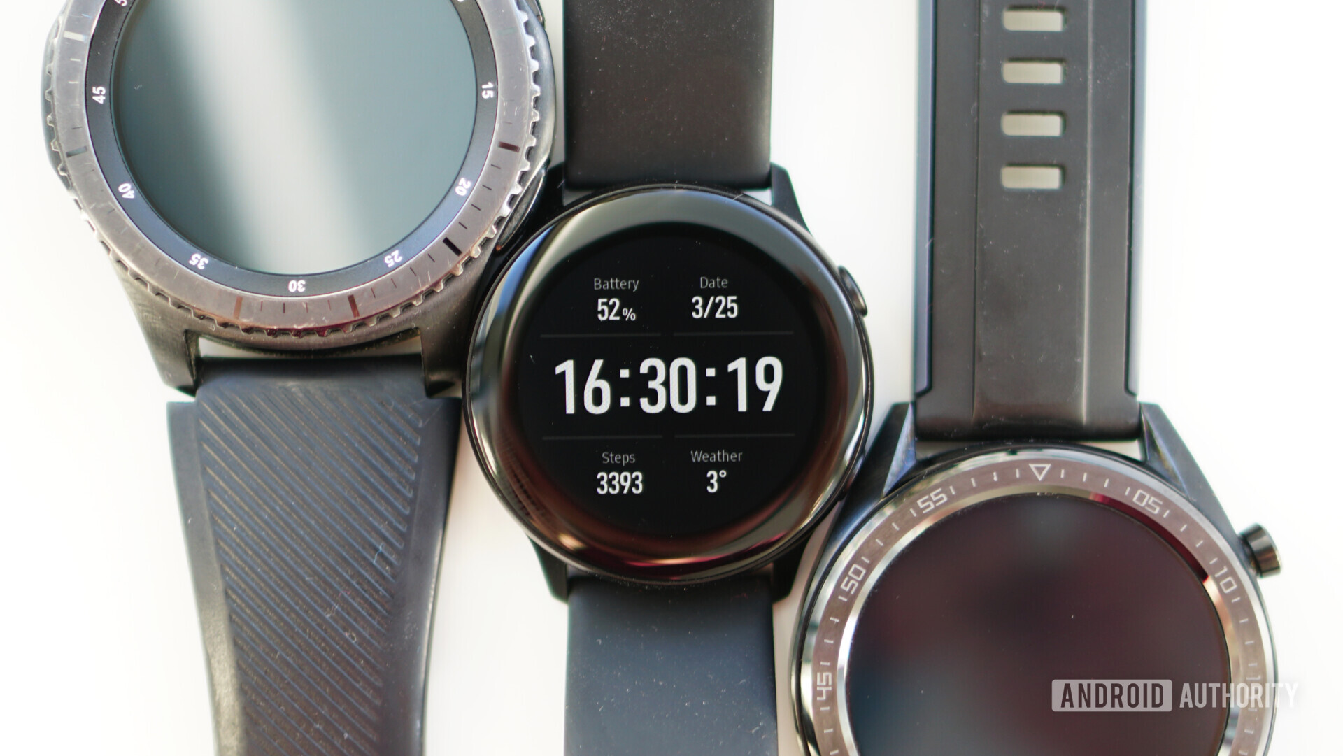 Samsung Galaxy Watch Active size comparison with Gear S3 Frontier and Huawei Watch GT