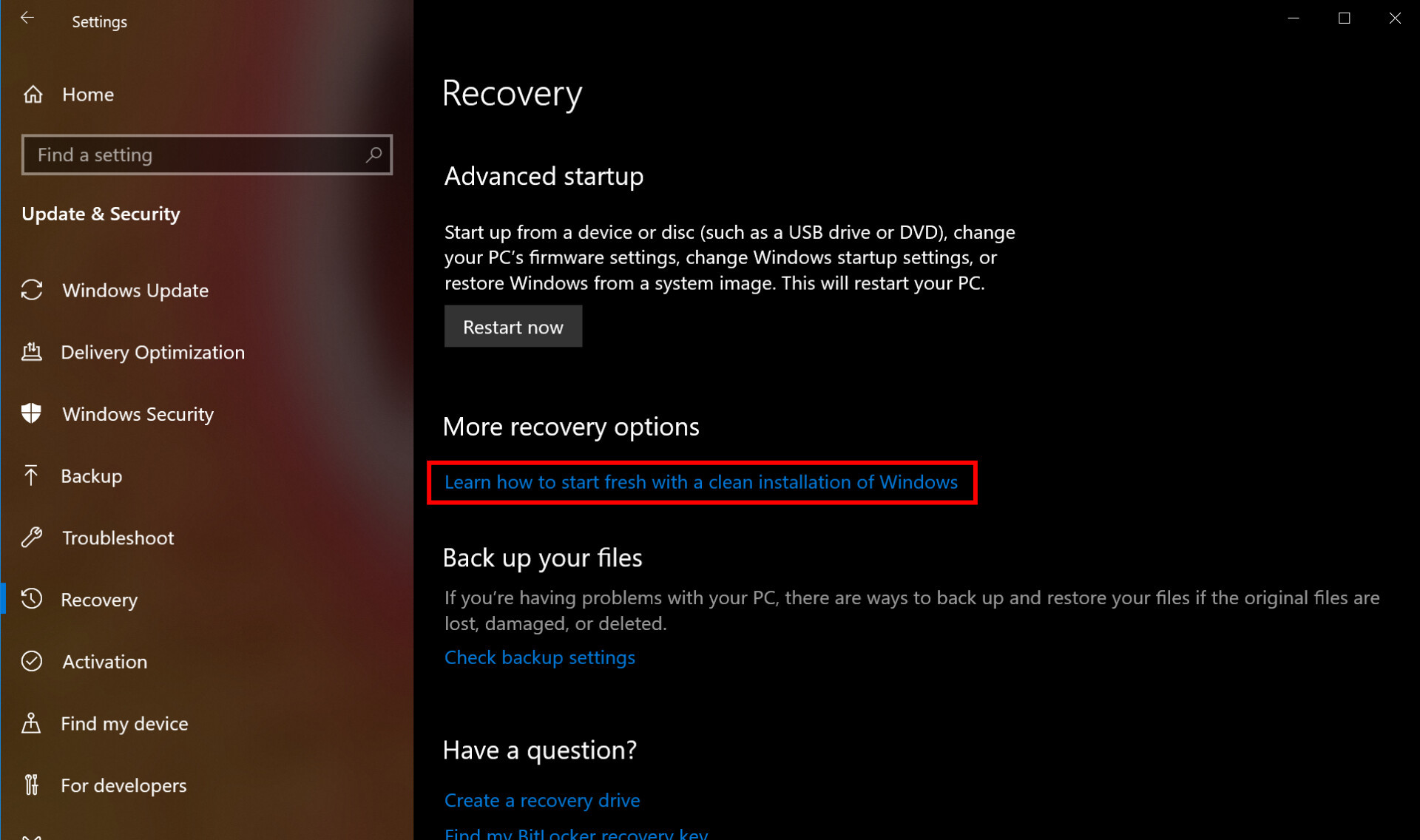 Windows 10 recovery setting menu