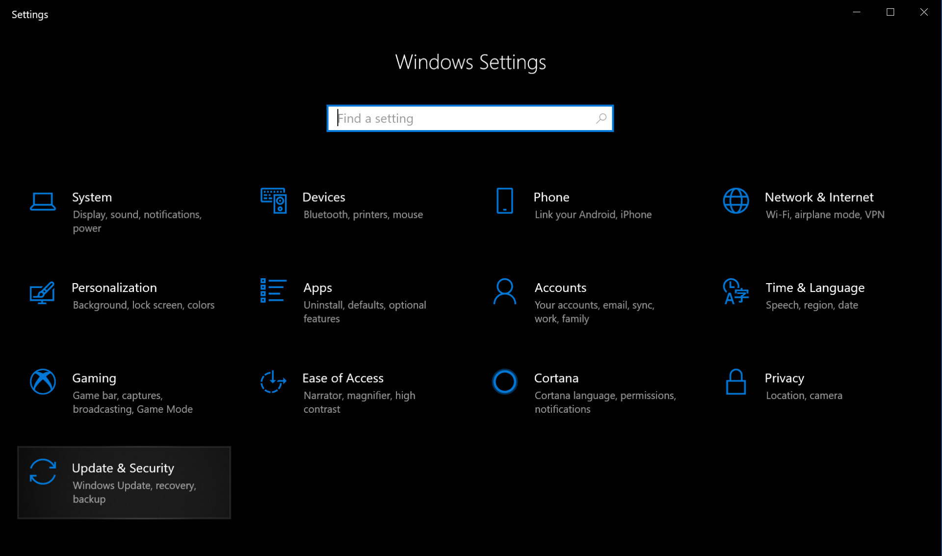 Screenshot of Windows 10 settings menu