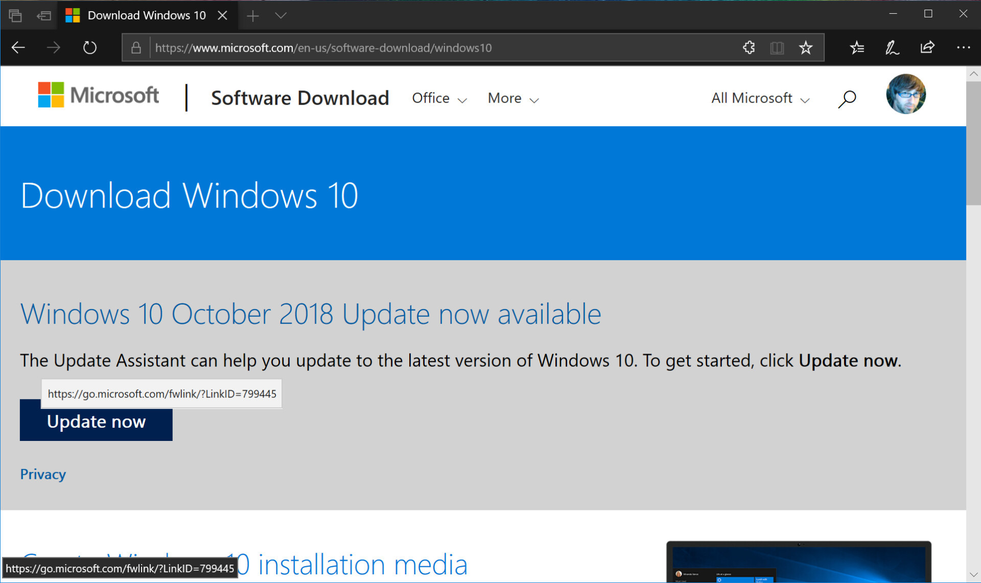 Screenshot of Microsoft Windows 10 update download website.