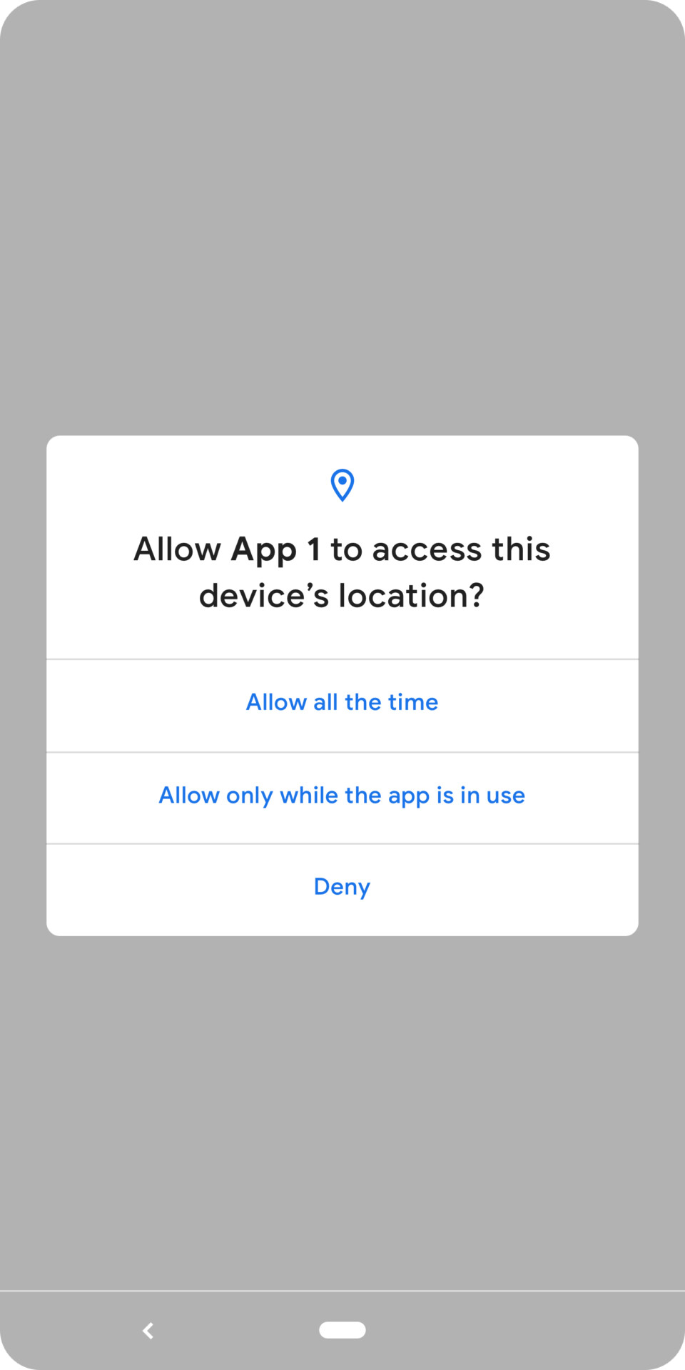 Screenshot of the Android Q location permissions menu.