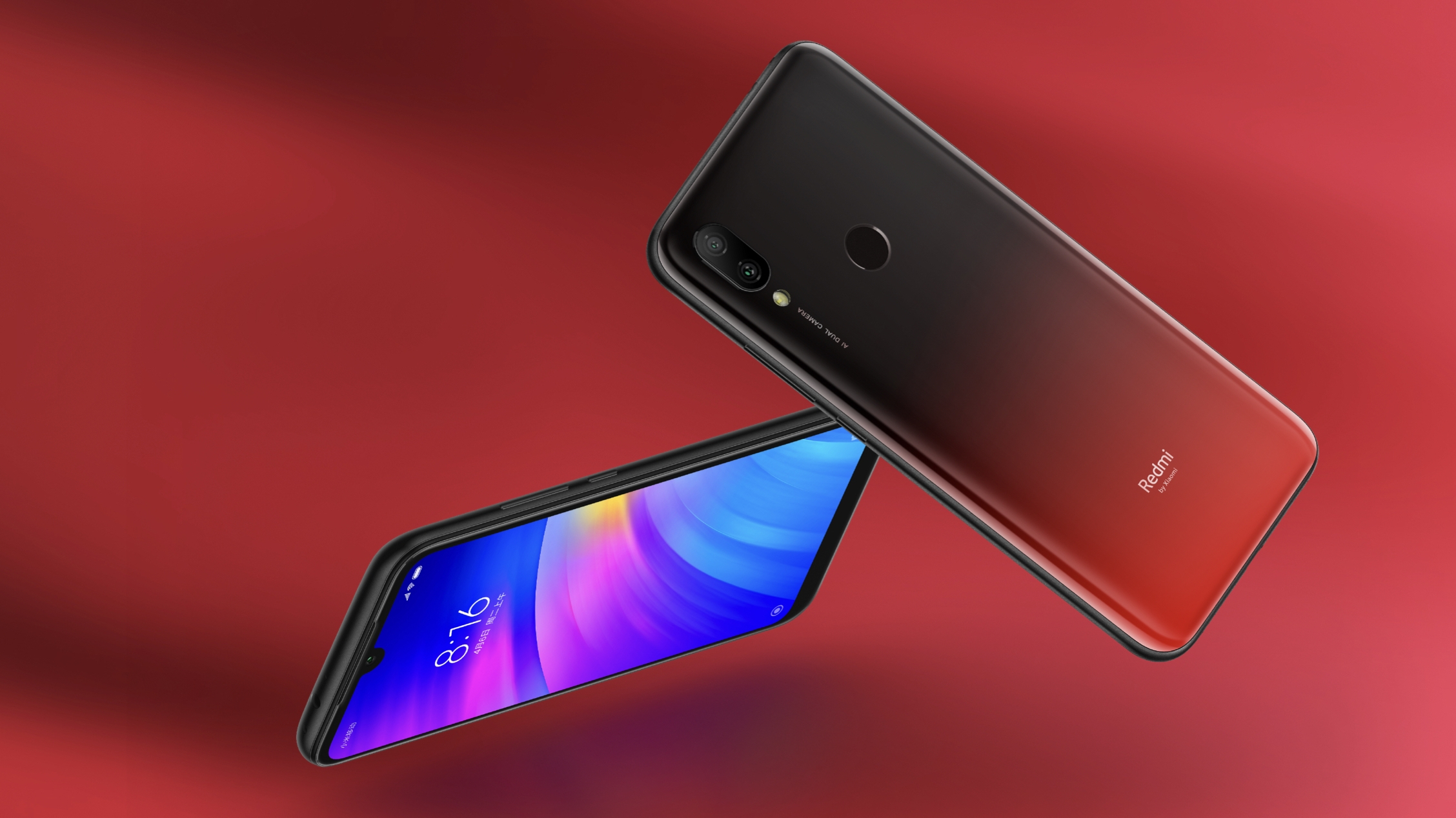 Render of the Xiaomi Redmi 7 in red color.