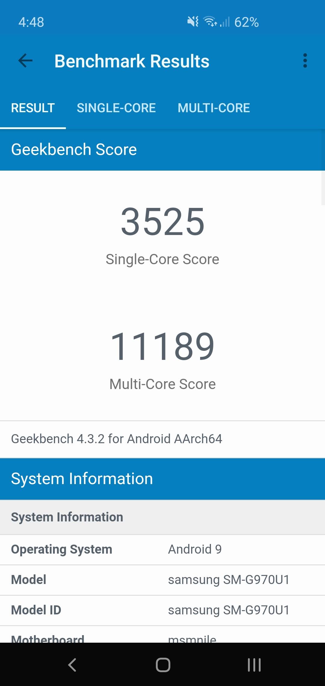 Screenshot of the samsung galaxy s10e geekbench benchmark result