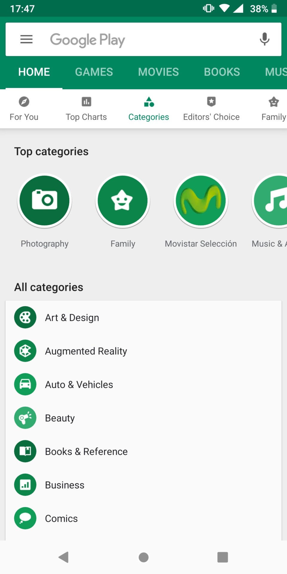 Google Play Store browse apps categories