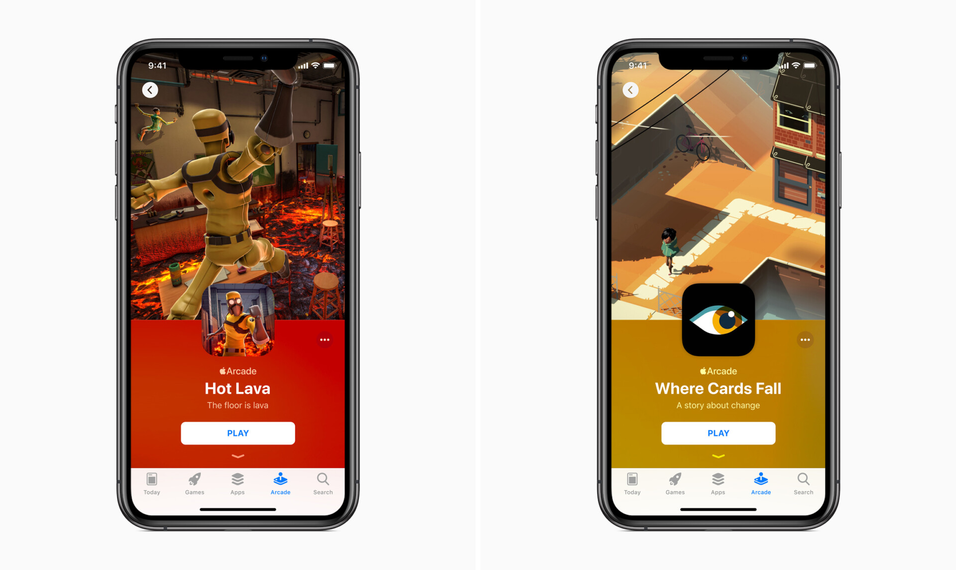 Two iPhone renders showing different Apple Arcade images on the screen.