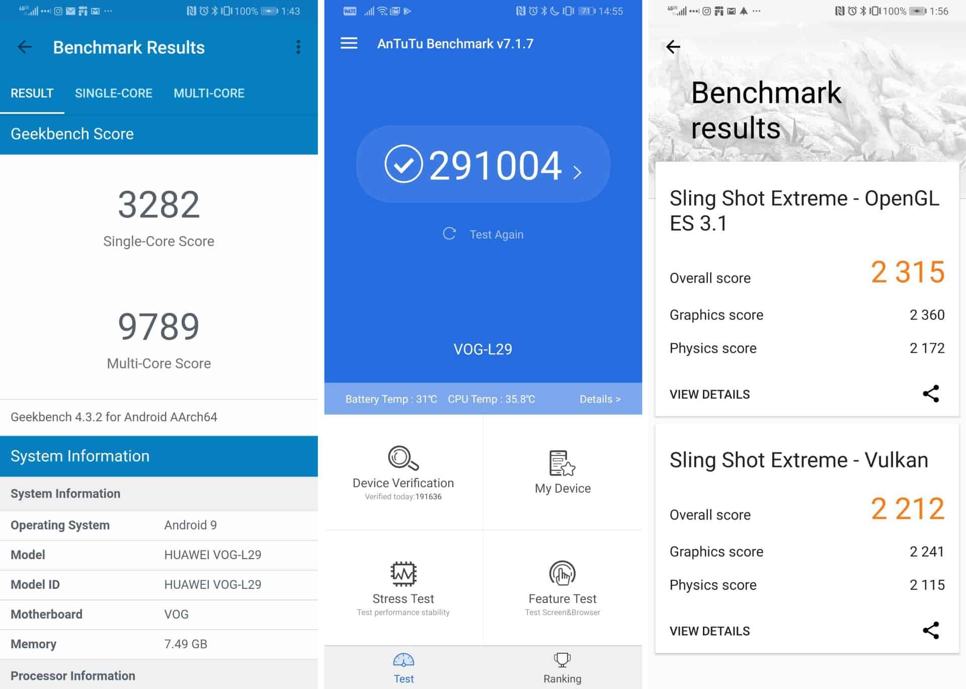 Huawei P30 Pro benchmark results from antuntu, geekbench and 3d mark