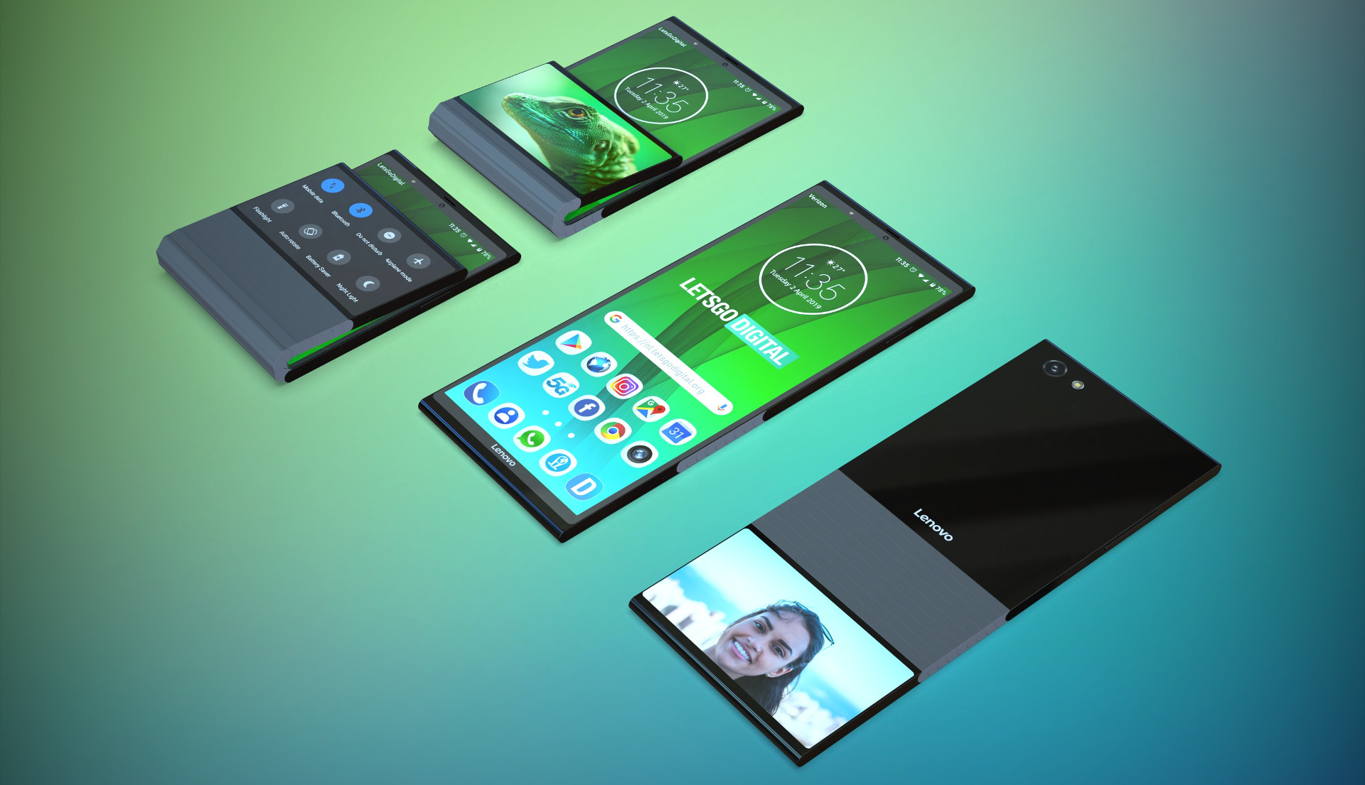 A render based on a Lenovo patent, showing a foldable phone.