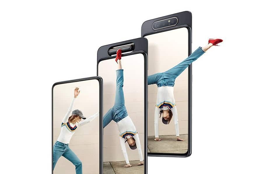 Samsung Galaxy A80 renders showing off three devices in a row. 