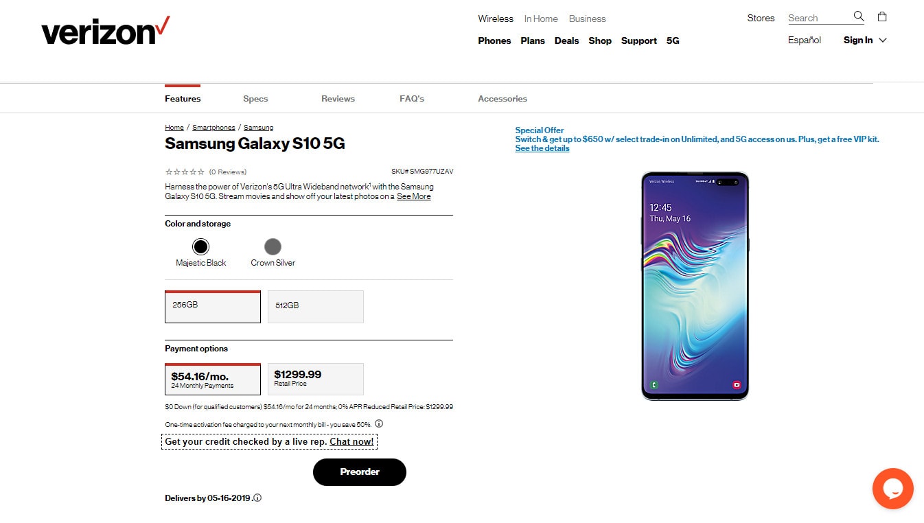 The Samsung Galaxy S10 5G pre-order page on Verizon.